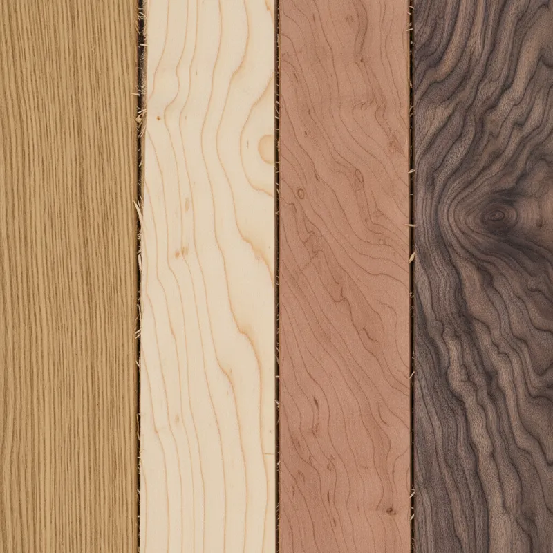 A close-up collage showing different types of unfinished wood planks side-by-side, clearly displaying the distinct grain patterns and natural colors o