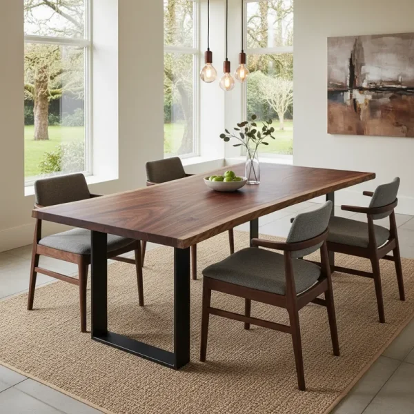 Solid wood rectangular dining table with a natural finish, showcasing wood grain, suitable for seating 6-8 people.