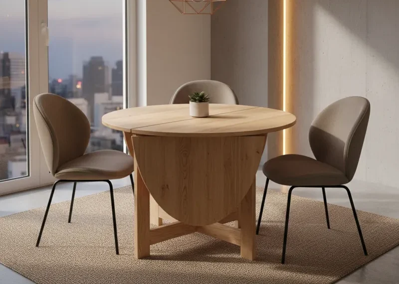 A modern space saver dining room set, featuring a compact rectangular table with four chairs that tuck neatly underneath, optimized for small apartments and dining areas.