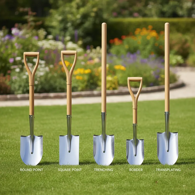 A comparative image showing various types of spade shovels (round point, square point, trenching, border, transplanting) laid out on a lawn, highlight