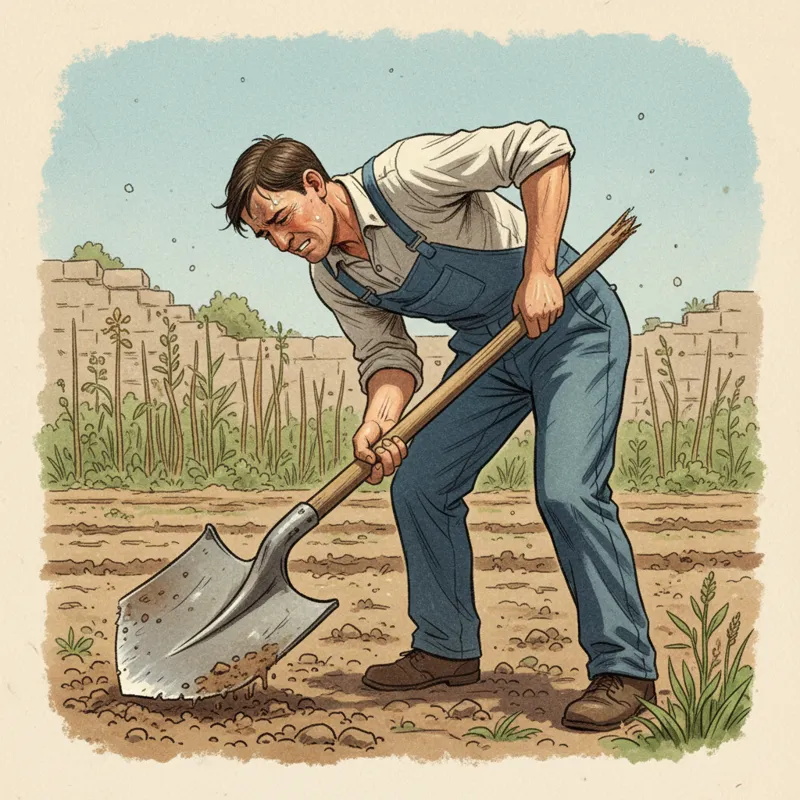 A person struggling to dig with an inappropriately sized or damaged spade shovel, demonstrating common digging mistakes like bending at the waist or u