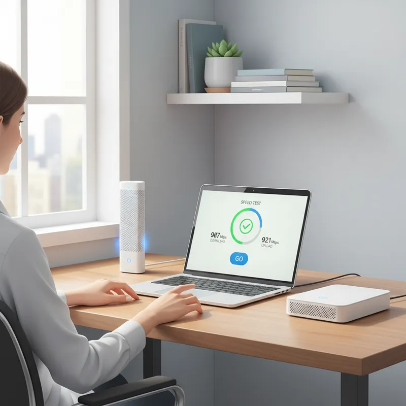 A modern, minimalist home office setup with a sleek modem and router on a desk, a laptop displaying a'connected' icon, and a person's hands performin