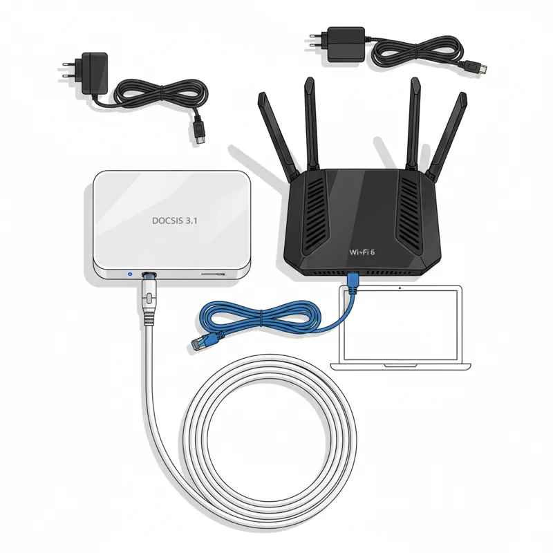 An organized flat lay of essential internet setup equipment: a modern DOCSIS 3.1 modem, a Wi-Fi 6 router, new coaxial cable, Ethernet cable, and power