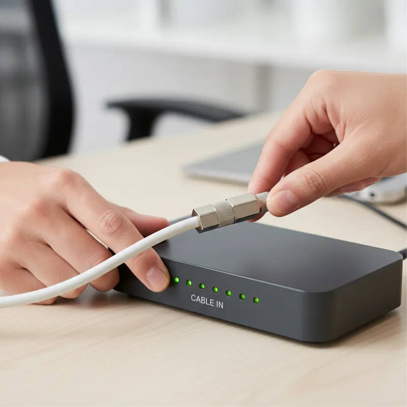 A close-up, sequential series of hands connecting a coaxial cable to a modem, then plugging in the power adapter, and finally connecting an Ethernet c