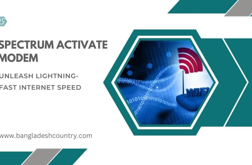 Promotional image for Spectrum modem activation, displaying text 'SPECTRUM ACTIVATE MODEM' and 'UNLEASH LIGHTNING-FAST INTERNET SPEED'. A graphic hexagon features a 3D red Wi-Fi signal icon, 'WIFI' text, and binary code on a blue digital background, symbolizing fast internet and connectivity.