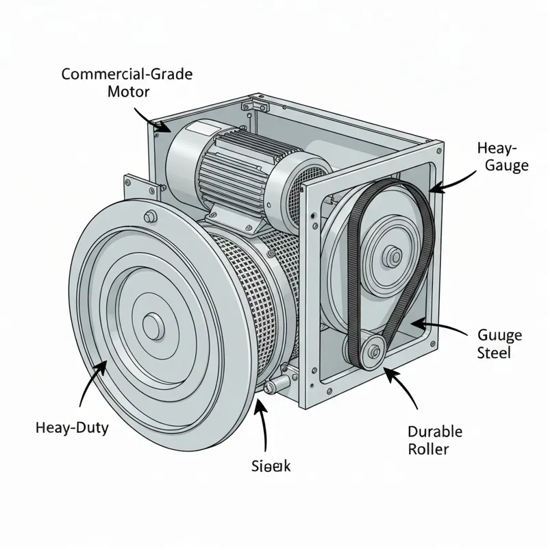 A detailed cutaway view of a Speed Queen dryer, showing the heavy-duty motor, thick metal drum, and simple belt system. Arrows point to key components