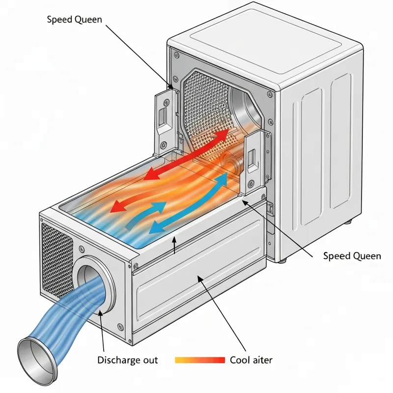 A diagram illustrating the airflow in a Speed Queen dryer. Arrows show air being pulled in from the back, heated, and flowing through the clothes in a