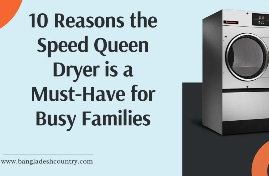 A promotional graphic for a Speed Queen dryer, showing a stainless steel model next to the text '10 Reasons the Speed Queen Dryer is a Must-Have for Busy Families'.