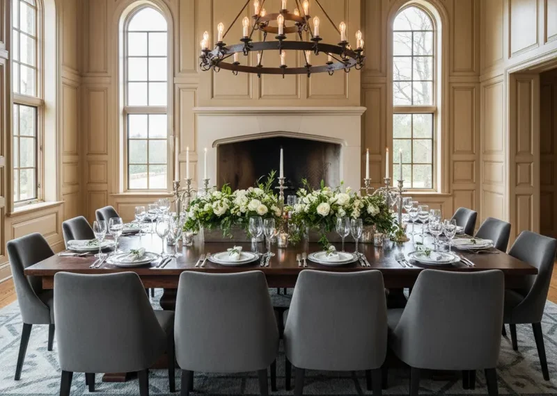 Large square dining room table designed to comfortably seat twelve people, perfect for spacious and elegant dining areas.