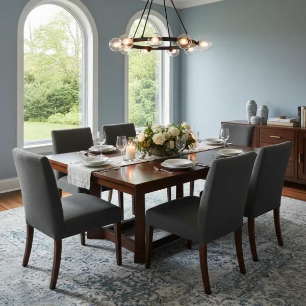 Modern square wooden dining room table set for six people with chairs in a contemporary dining space.