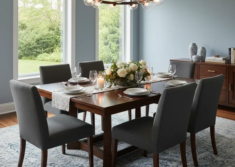 Modern square wooden dining room table set for six people with chairs in a contemporary dining space.