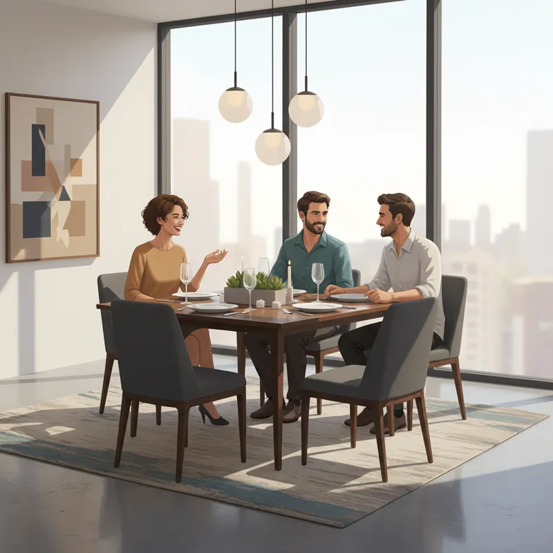 A stylish square dining table in a modern dining room, showcasing balanced seating and intimate conversation. The table is set for four, with sunlight