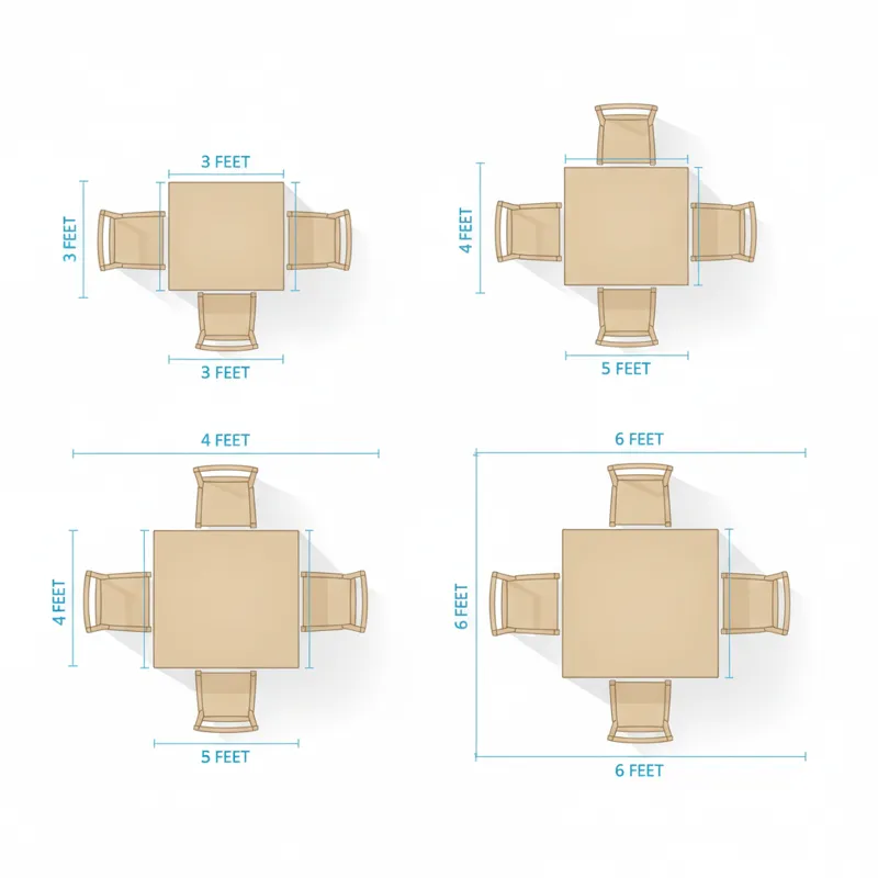 An overhead view of various square dining table sizes, illustrating how different dimensions accommodate seating for 2, 4, 6, and 8 people, with measu