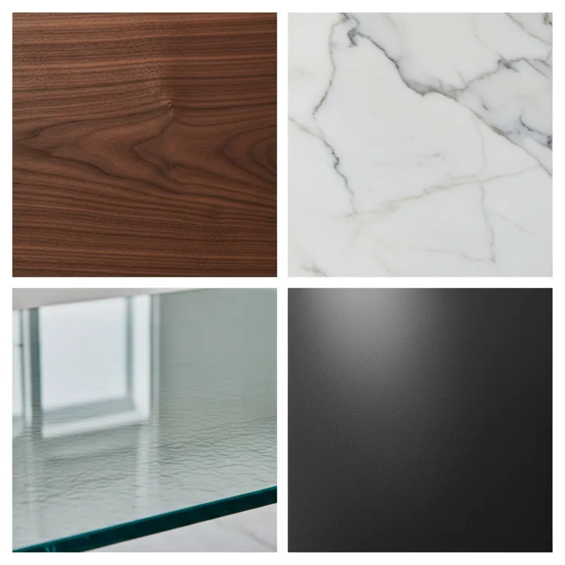 A collage of close-up textures and finishes for square dining tables: rich dark wood grain, sleek white marble with veining, reflective tempered glass