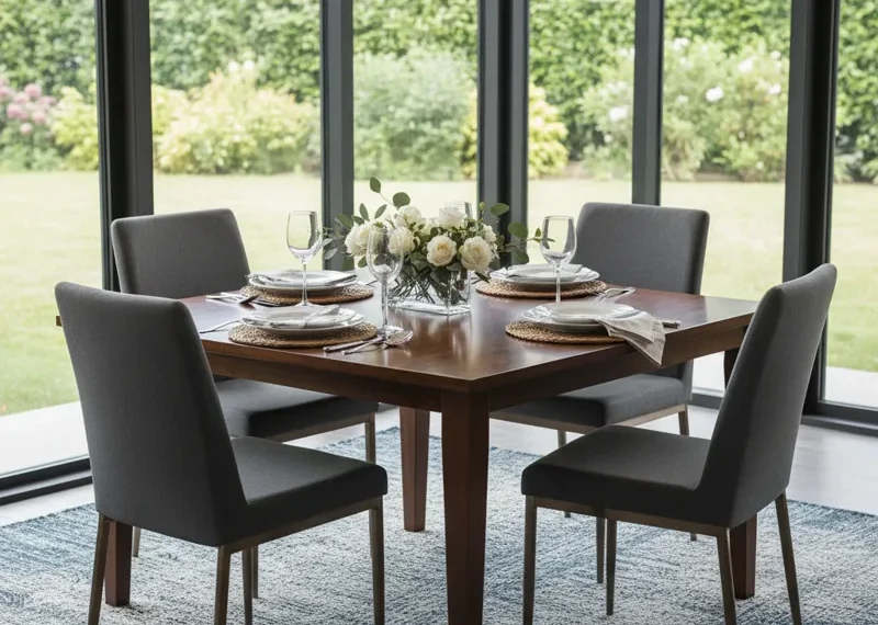Modern square dining table made of light wood with four matching chairs in a bright, contemporary dining room setting.
