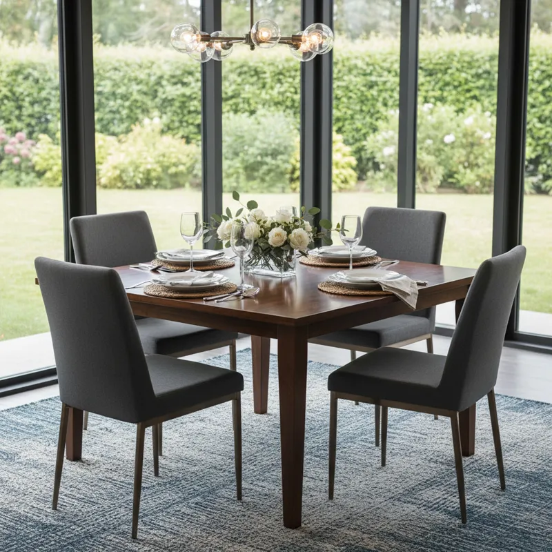 Modern square dining table made of light wood with four matching chairs in a bright, contemporary dining room setting.