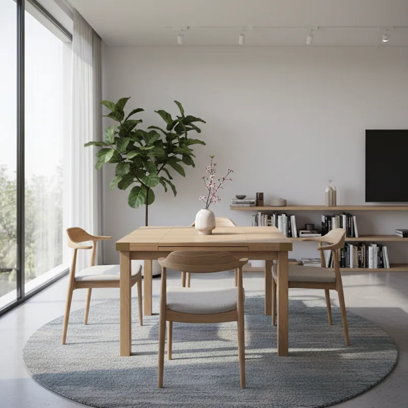 A stylish square extendable dining table in its compact form, set in a modern dining area with natural light, showing its space-saving elegance.