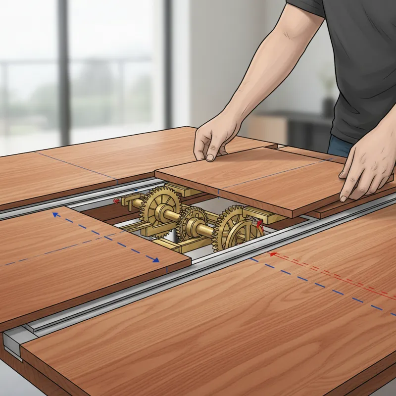A detailed close-up of a square extendable table's extension mechanism, with a leaf being inserted, showcasing the engineering and smooth operation.