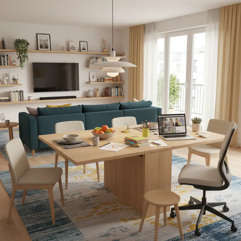 An inviting square extendable table in a vibrant, multi-functional living space, demonstrating its use for both dining and as a family workspace, with