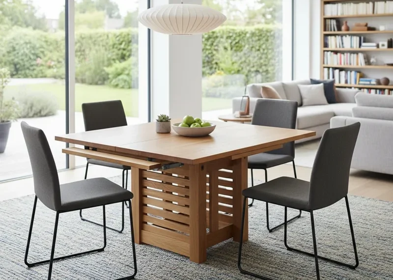 Modern square extendable dining table crafted from light wood, showcasing its compact form and expanded capacity, suitable for varying guest numbers.