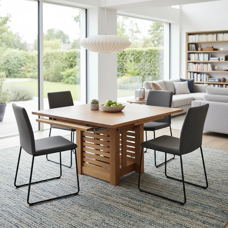 Modern square extendable dining table crafted from light wood, showcasing its compact form and expanded capacity, suitable for varying guest numbers.