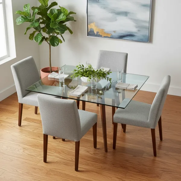Modern square glass dining room table with a clear top and polished metal base, showcasing its sleek and minimalist design in a contemporary dining space.