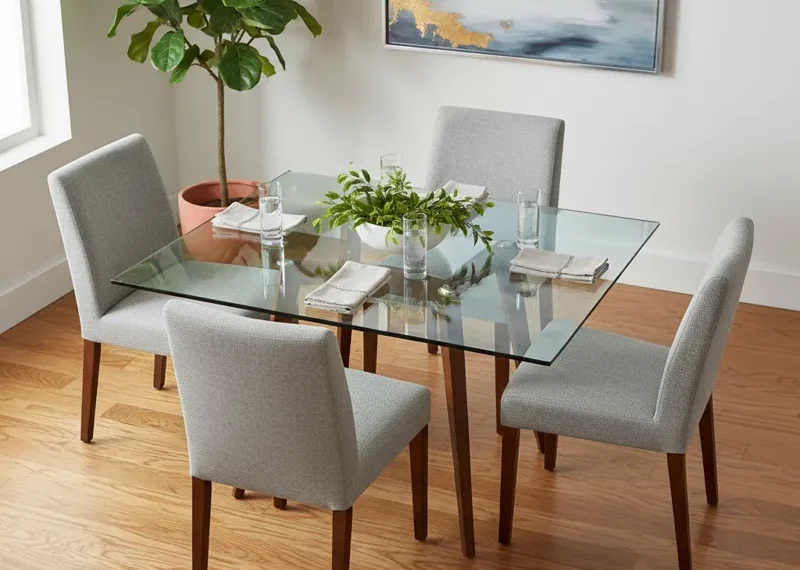 Modern square glass dining room table with a clear top and polished metal base, showcasing its sleek and minimalist design in a contemporary dining space.