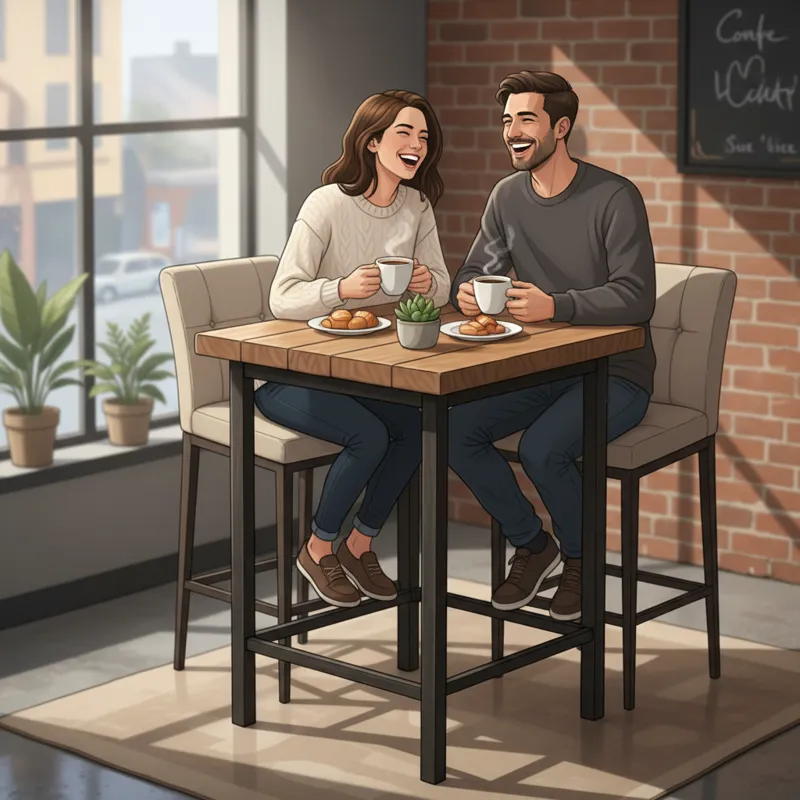 A couple seated at a stylish square high top dining table, laughing and enjoying coffee. The table is a blend of wood and metal, and the stools have b