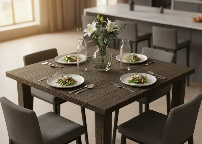 Square high top dining table, perfect for small kitchens or modern dining spaces, offering a contemporary bar-height eating area.