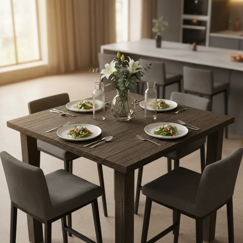 Square high top dining table, perfect for small kitchens or modern dining spaces, offering a contemporary bar-height eating area.