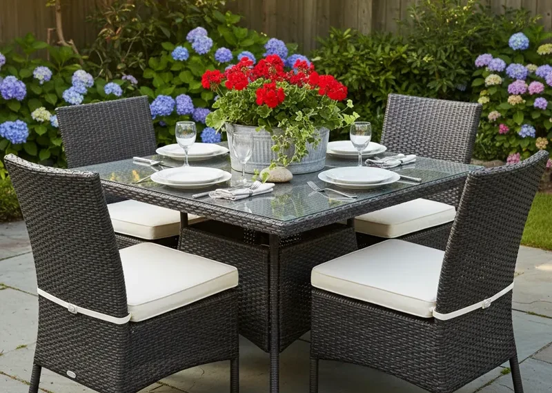 Square patio dining table for 4 people, ideal for outdoor meals and small gatherings.