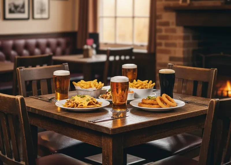 Sturdy square dark wood pub dining table with a durable laminate top, ideal for commercial restaurant, bar, or cafe dining areas.