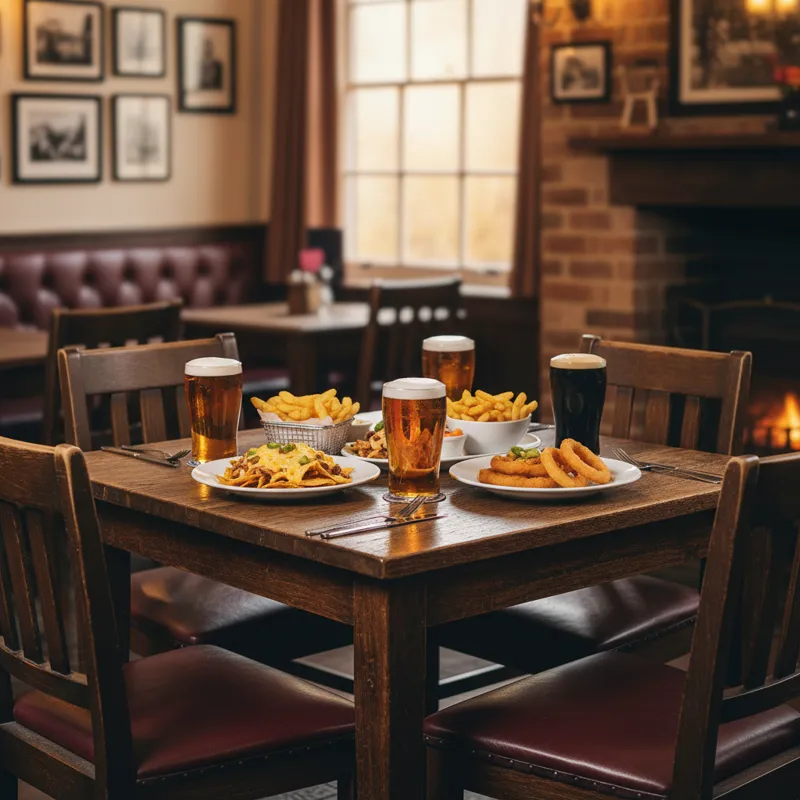 Sturdy square dark wood pub dining table with a durable laminate top, ideal for commercial restaurant, bar, or cafe dining areas.