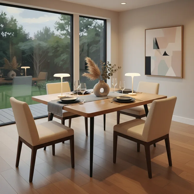 A stylish, well-lit square dining table in a contemporary US home, set for an intimate dinner, showcasing its balanced proportions and modern design.
