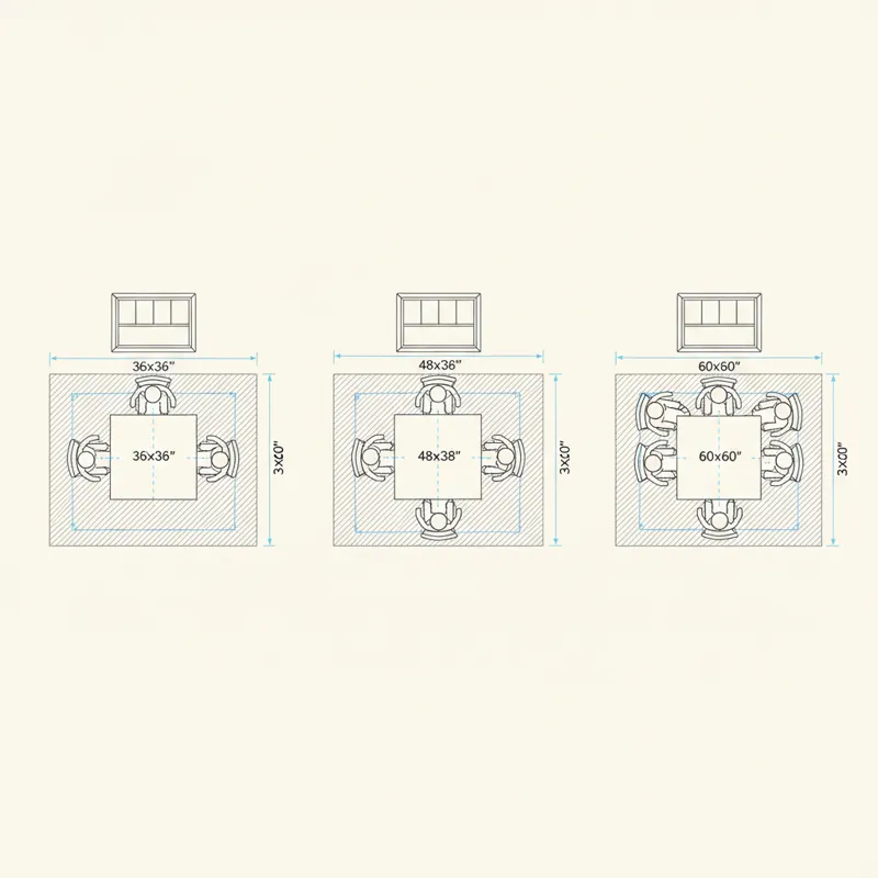 A detailed diagram showing various square table dimensions (e.g., 36x36, 48x48, 60x60 inches) with human figures indicating seating capacity and neces