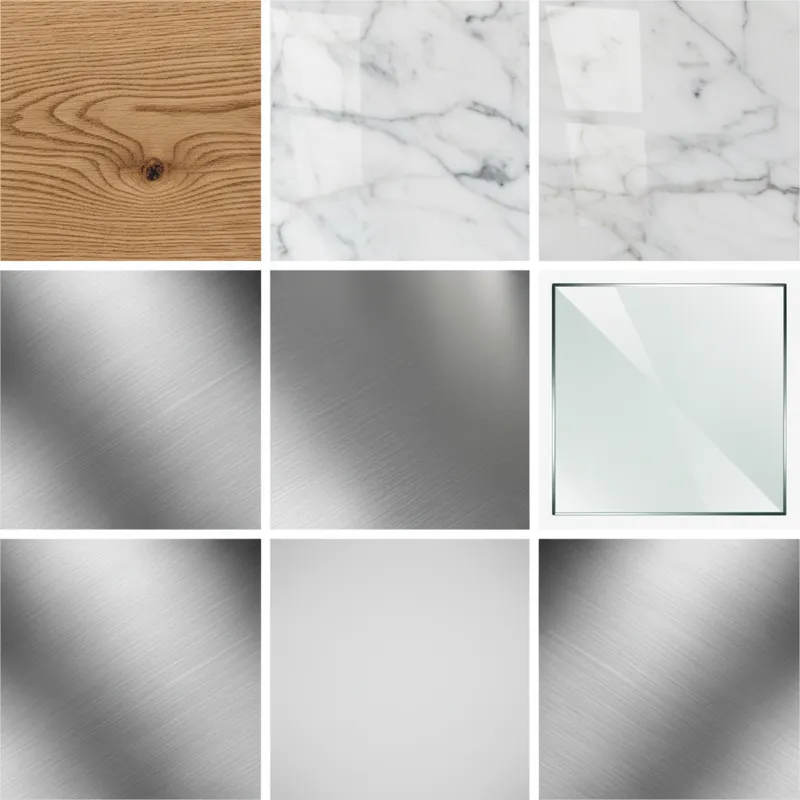 A collage of square table material samples, including close-ups of solid wood grain, polished marble, industrial metal, and sleek glass, highlighting