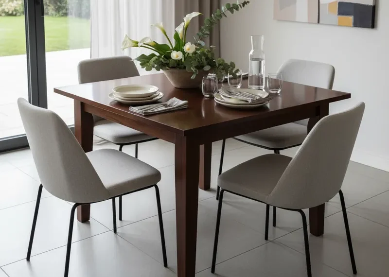 A modern minimalist square dining table made of light wood with four matching chairs in a bright, contemporary kitchen.