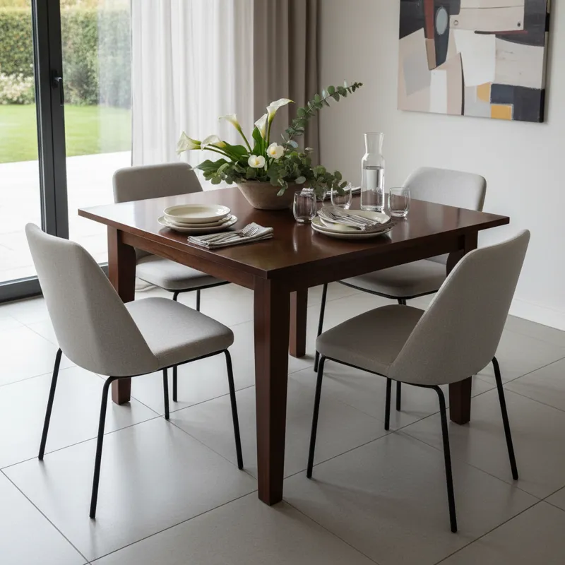 A modern minimalist square dining table made of light wood with four matching chairs in a bright, contemporary kitchen.