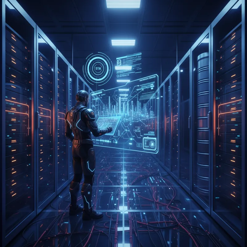 A futuristic data center aisle with glowing servers and a technician monitoring high-speed data flow on screens, illustrating the importance of effici