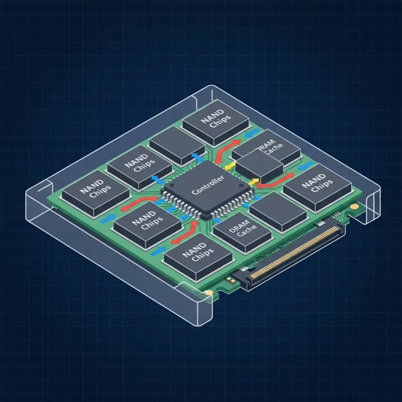 A detailed diagram showing the internal components of an NVMe SSD, highlighting the NAND flash chips, controller, and DRAM cache, with arrows illustra