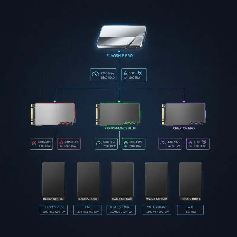 A sleek, professional graphic displaying different tiers of SSDs with their respective model names and key performance metrics (e.g., MB/s, TBW), arra