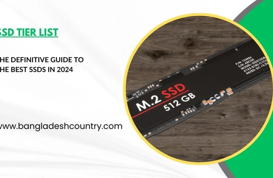 An M.2 512GB SSD module on a dark wooden background, next to text reading 'SSD Tier List: The Definitive Guide to the Best SSDs in 2024' and 'www.bangladeshcountry.com'.