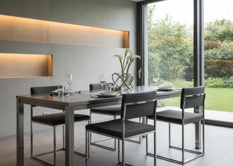 Sleek modern stainless steel dining table with a reflective surface, suitable for contemporary dining rooms or kitchens.