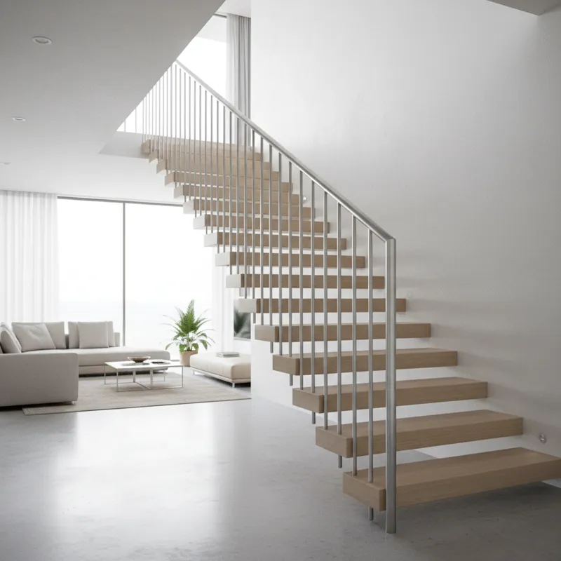 A wide shot of a contemporary home staircase with a sleek, minimalist stair handrail, showcasing clean lines and natural light. The handrail is made o
