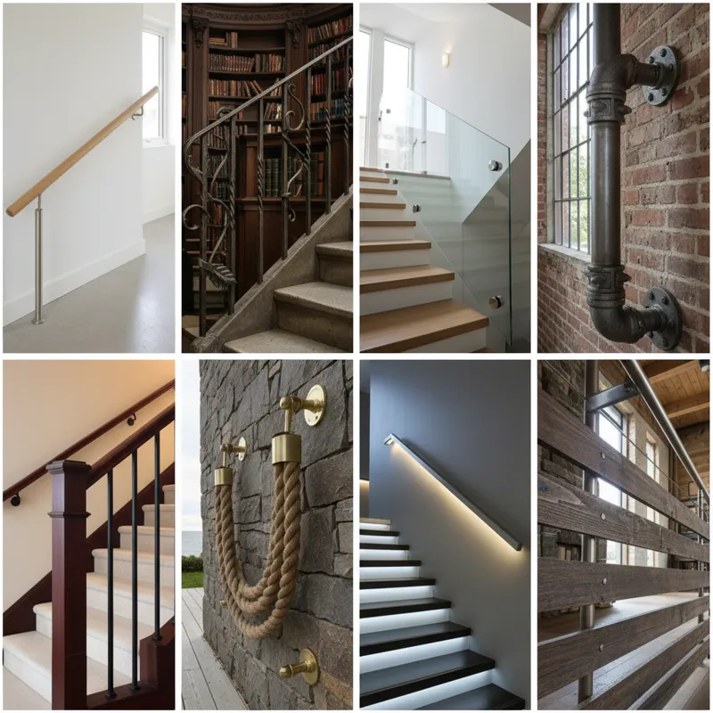 A collage of eight distinct stair handrail styles, each representing one of the reviewed products. Images should show varying materials like light woo