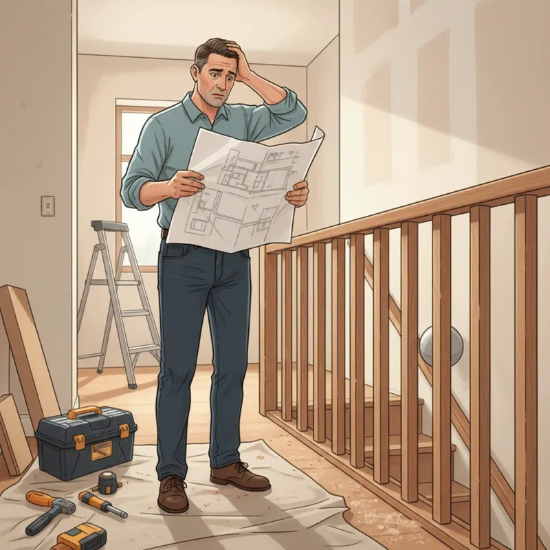 A homeowner looking confused at a building code diagram while standing near a newly installed stair handrail that is clearly not up to code, such as b