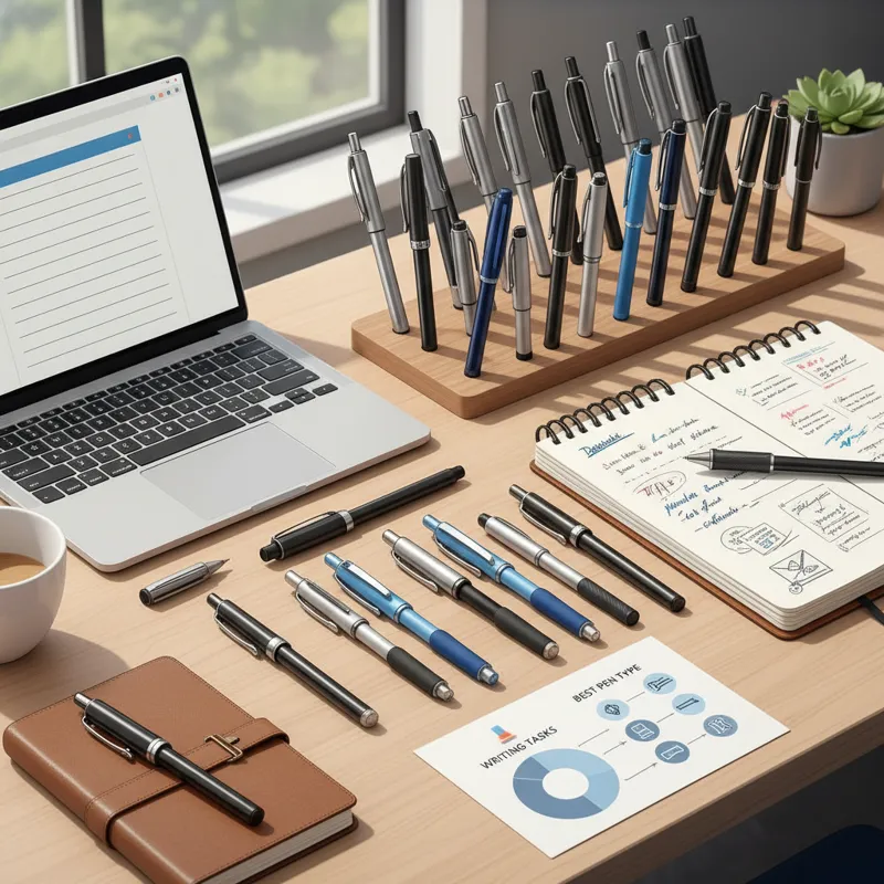 A diverse selection of pens, including ballpoint, gel, and rollerball, neatly arranged on a modern office desk with a laptop and a notebook, highlight