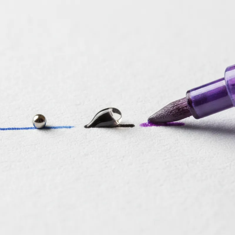 A close-up, macro shot showcasing various pen tips and ink types side-by-side: a tiny ballpoint, a gel pen rollerball, and a felt-tip, illustrating th