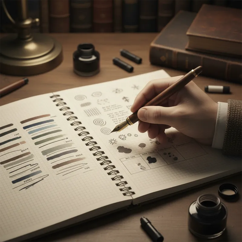 A hand holding a pen, poised over a notebook with various ink swatches and tip sizes demonstrated, illustrating the decision-making process for choosi