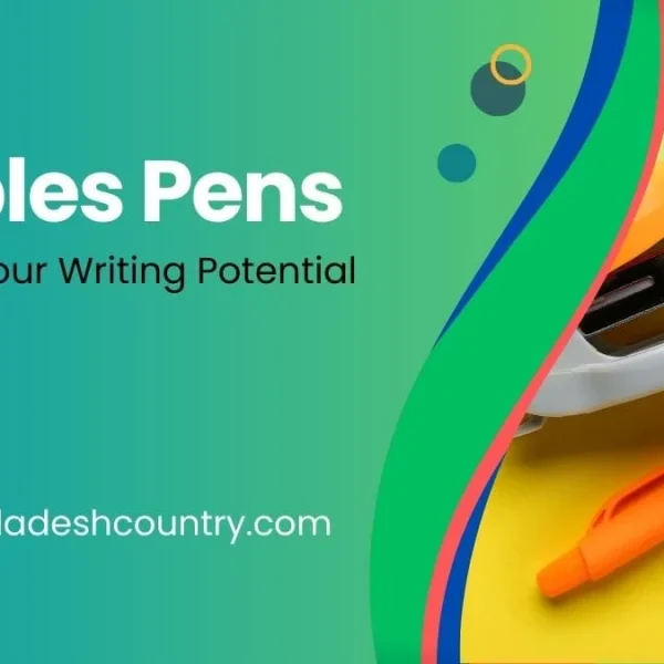 Advertisement for Staples Pens showing an orange stapler, loose staples, and an orange pen on a vibrant yellow background, alongside text 'Staples Pens' and 'Unleash Your Writing Potential' on a teal gradient. The website 'www.bangladeshcountry.com' is also visible.